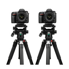 Two cameras on tripods isolated on transparent background