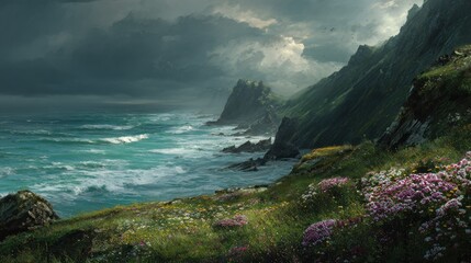 Coastal landscape under dramatic sky