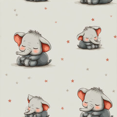 Seamless Pattern: Sleepy Cartoon Elephants Amidst Pink Stars