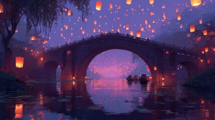 Elegant bridge at dusk with sky lanterns