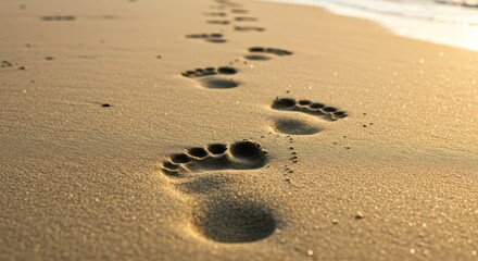 Human Footprints in Wet Beach Sand  Detailed Close-Up Under Natural Sunlight