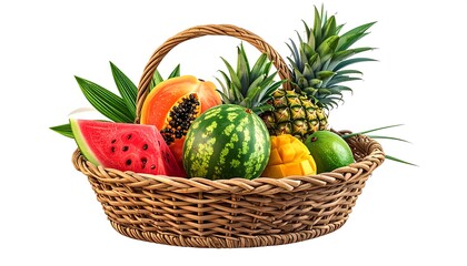Woven basket filled with sliced papayas, mangoes, pineapple, and apple in vibrant tropical fruit arrangement.