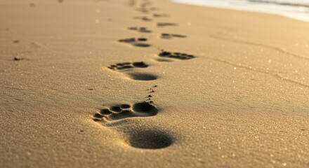 Human Footprints in Wet Beach Sand  Detailed Close-Up Under Natural Sunlight