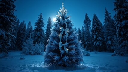 Nighttime Christmas Tree in a Forest