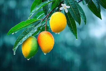 Mangoes Hanging on Leafy Tree Branch in Rainy Weather with Water Droplets