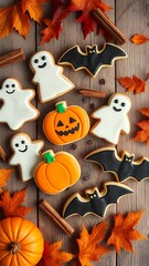 Halloween Cookie Decorations Arranged on Wooden Surface with Seasonal Pumpkin and Leaves