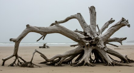 Weathered Driftwood Silhouette on a Cloudy Beach Shoreline