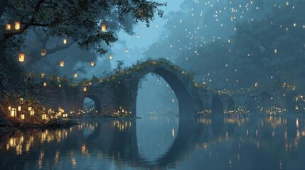Ancient bridge illuminated by lanterns