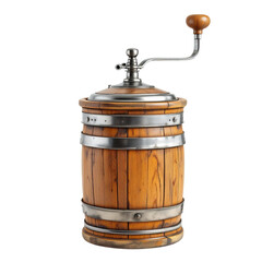 Vintage butter churn isolated on a white background. Vintage Butter Churn: A charming, antique butter churn made of aged wood, steel elements, and a wooden handle.