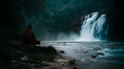 A monk meditating beside a lush waterfall in a serene forest