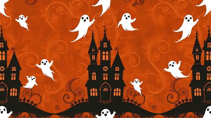 Halloween Themed Graphic with Ghosts and Haunted House
