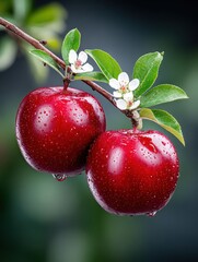 Red Apples Hanging on Branch with Green Leaves and White Blossoms in Fresh Orchard