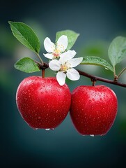 Red Apples with Water Droplets and White Blossoms on Branch in Fresh Orchard Setting