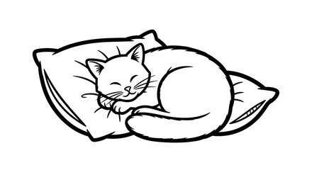 Cute Happy Cat Sleeping Soundly on a Soft Pillow, Isolated White Background