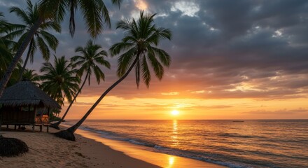 Fototapeta premium Tropical Sunset on a Serene Palm Beach with Golden Glow and Rustic Huts