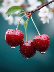 Fresh Red Cherries Hanging From Branch with Dew Drops in Natural Setting