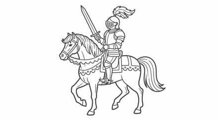 Brave Knight in Armor Riding a Horse with a Sword on an Isolated White Background