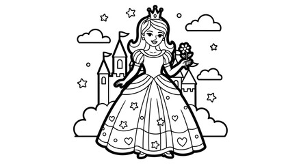 Beautiful Princess Wearing a Crown and Holding Flowers in a Magical Castle Setting
