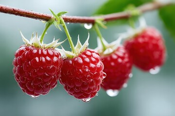 Fresh Red Raspberries Hanging on Green Branch with Water Droplets in Natural Light