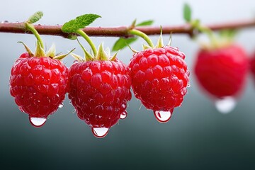 Bright Red Raspberries Hanging on Branch with Water Droplets in Natural Light