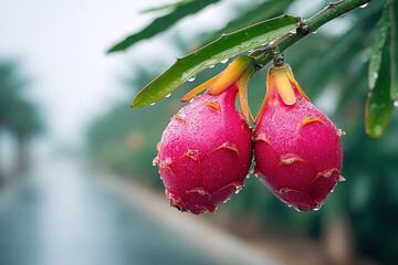 Fresh Pink Dragon Fruit Hanging on Green Branch in Natural Setting