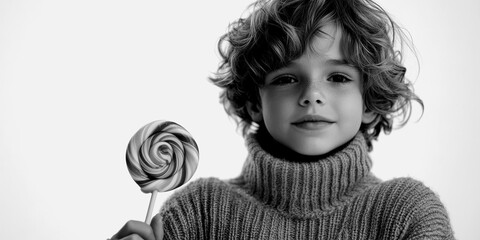 Young boy enjoys a large lollipop in cozy sweater indoors