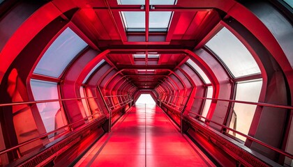 design of architecture metal structure similar to spaceship interior. abstract modern architecture in red light photo.
