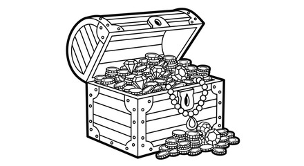 Open Wooden Treasure Chest Filled with Gold Coins and Jewelry, Isolated White Background