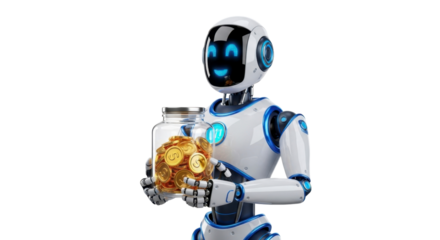 Futuristic robot holding a jar full of gleaming gold coins, symbolizing financial growth and automated wealth management opportunities