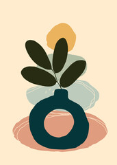 Acacia leaf artwork in clay pot with pastel botanical shapes on modern abstract background and wallpaper. Perfect for printable, poster, branding, invitation, wall art, decor, and digital template.