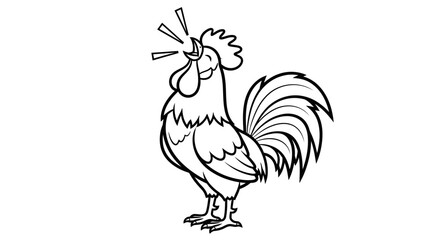 Majestic rooster crowing loudly to announce the morning, isolated white background.