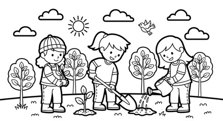 Happy children cooperatively planting a small tree in a sunny park, with one boy digging and a girl watering.