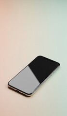 An iPhone with a black screen is shown on a light backdrop that transitions from peach to green