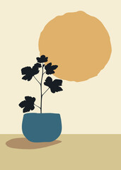 Acer sycamore maple plant in blue pot with abstract pastel shapes. Modern floral botanical artwork, natural and aesthetic, perfect background for poster, card, wall art, or decorative design.