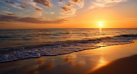 Fototapeta premium Sunset over Reflective Wet Sand with Foamy Waves and Vibrant Sky Hues