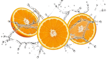 Vibrant orange slices splashing through clear, dynamic water creating a refreshing and energetic visual for juice and beverage advertising