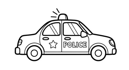 Classic Police Car Vehicle with Siren and Lights for Kids Coloring Page, isolated white background.