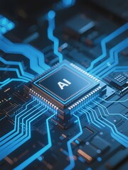 Close-up of an AI processor chip integrated into a circuit board with glowing blue pathways.