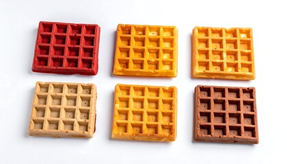 Colorful square waffles arranged on white background
