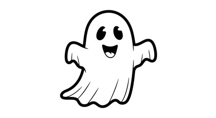 Cute Happy Cartoon Ghost Floating and Smiling, Isolated White Background, Friendly Halloween Character Illustration