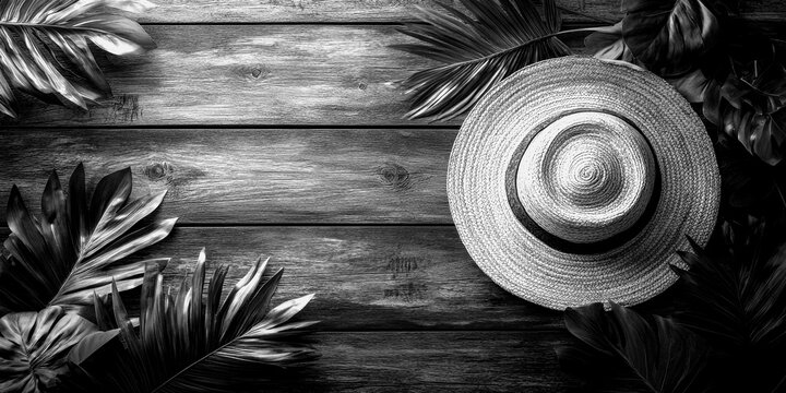 Summer hat surrounded by tropical leaves on wooden background - Powered by Adobe