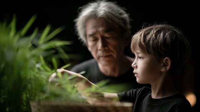 A heartwarming moment of a grandparent and grandchild caring for green plants together