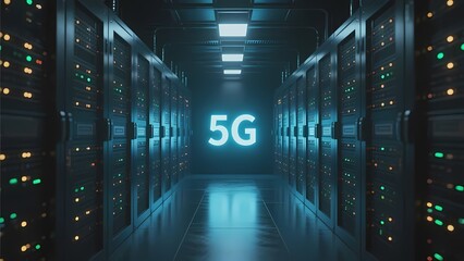 Server room with glowing 5G sign in a data center corridor