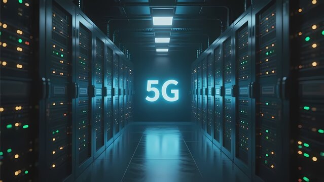 Server room with glowing 5G sign in a data center corridor