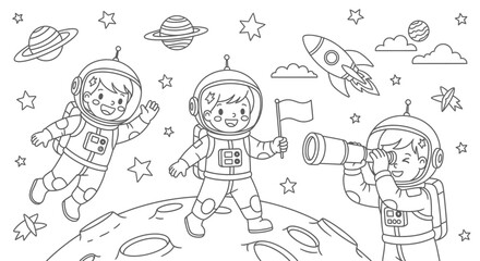 Adventurous Astronaut Kids Exploring Outer Space with a Rocket and Planets