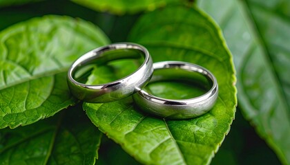 Silver Wedding Rings Resting on Lush Green Leaves.