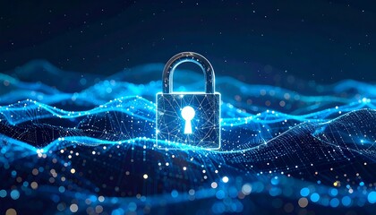 Glowing padlock icon with blue data stream background representing cybersecurity, encryption, and digital protection.
