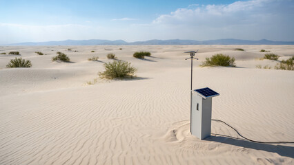 Futuristic tech meets desolate beauty innovative weather station with solar panel in a desert landscape, offering a captivating vision of sustainability