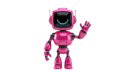 Friendly pink robot waving hello with a bright smile, perfect for tech and innovation projects.