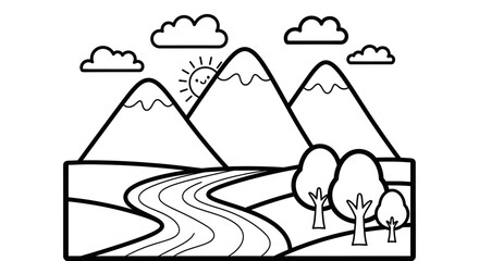 Beautiful Mountain Landscape with a Winding River and Trees on a Sunny Day, Scenic Nature View.